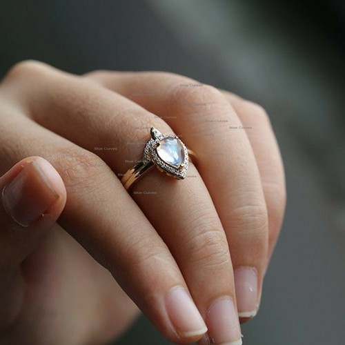 Real Pear Moonstone Gemstone Two Ring Set Solid 14k Yellow Gold Handmade Jewelry - Picture 4 of 10