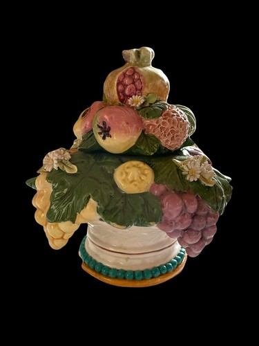 Antique Pair 1920s Italian Majolica Fruit Basket Lidded Jars - Picture 6 of 9