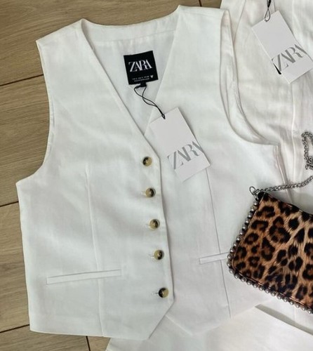 ZARA ECRU WHITE TAILORED LINEN WAISTCOAT WITH TAB SMART SLEEVELESS BLAZER VEST - Picture 11 of 24