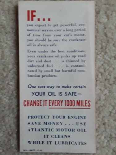 Gasolina Atlantic 1948 vintage ¿es tu aceite seguro?  Folleto publicitario 3 x 6 - Imagen 2 de 2