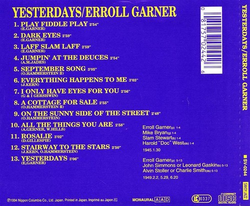 Erroll Garner CD Japan Import Yesterdays - Savoy Jazz SV-0244 (1994) - Picture 3 of 3