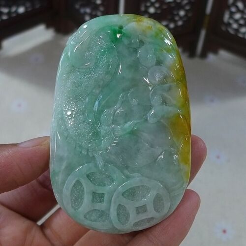 Cert'd Vintage Natural A Yellow Green Jadeite Jade Big Dragon Phoenix Pendant 34 - Picture 4 of 7