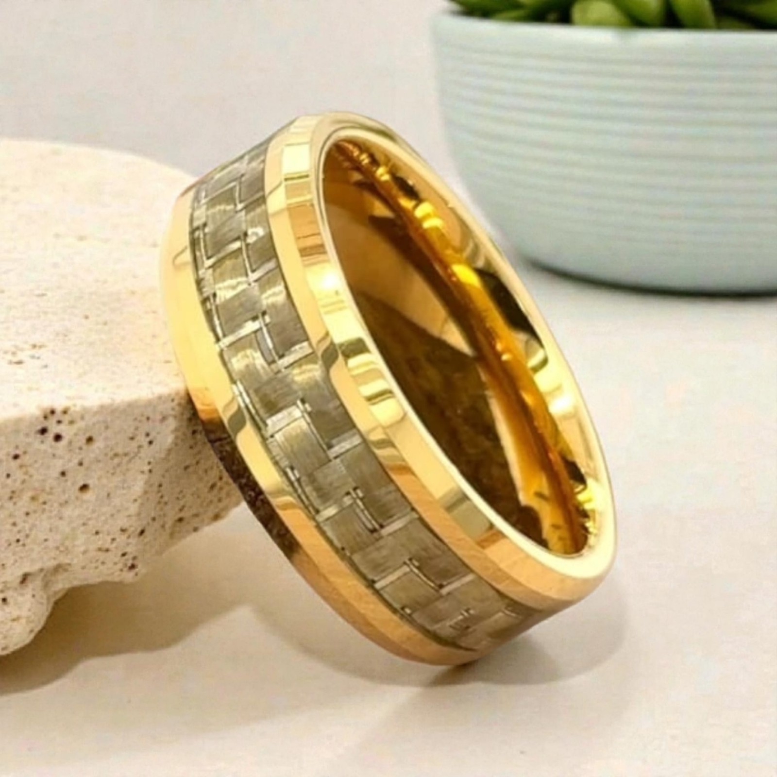 Men's  Gold Tungsten Wedding Band Gold Carbon Fiber Inlay Wedding Ring Size 9.5