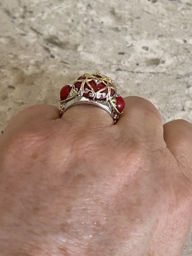 GEMS EN VOGUE RING STERLINGSILBER & GOLD UMARMTE ROTE KORALLE PERLE & WEISSER SAPHIR - Bild 4 von 12