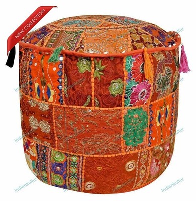 Embroidered Vintage Floral Ottoman Pouf Comfortable Cotton Footstool Decor