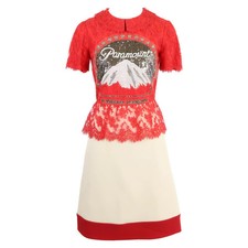 Gucci 543335 18 Year Paramount Sequin Logo Lace Bicolor Dress 36 Red & Ivory