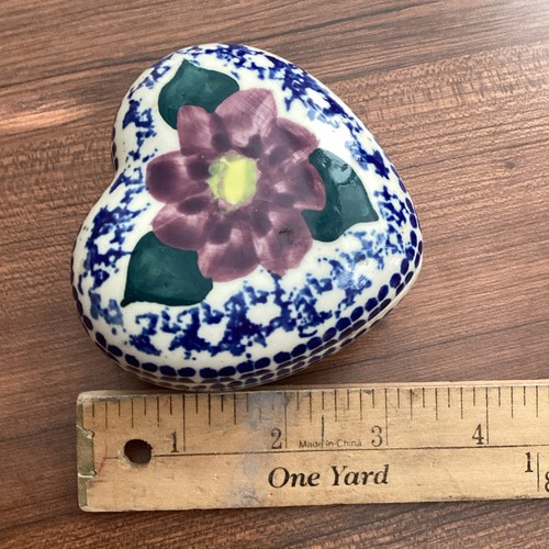 Stunning Polish Pottery Heart Shape Flower Purple Blue Intricate Trinket Box - Bild 8 von 9