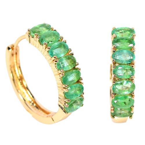 NATURAL AAA GREEN EMERALD OVAL BRASS YELLOW GOLD PLATED HUGGIES EARRING - Picture 5 of 6