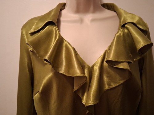 Vintage 80s Mirrors Green Satin Ruffle Front Tunic Blouse Junior Sz Large - Picture 4 of 6