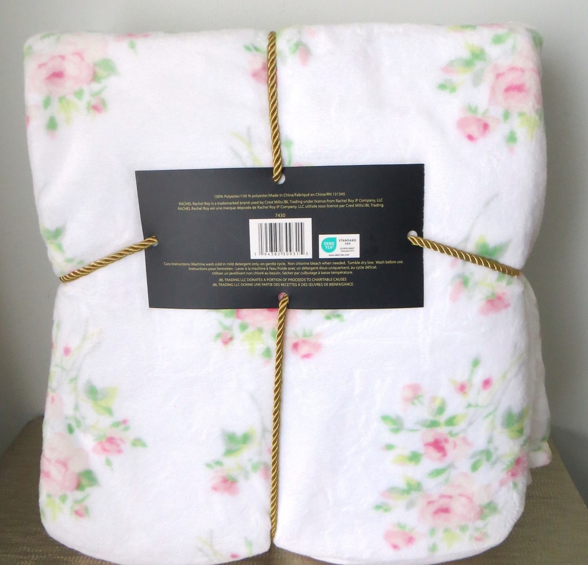 Rachel Roy FULL /QUEEN Plush Fleece Blanket White w/Pink &Green