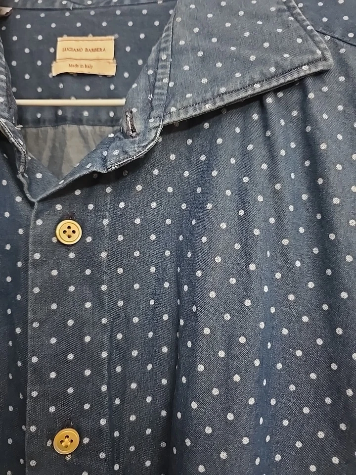 Camisa Luciano Barbera Para Hombres Con Botones Talla XL Azul Denim Color Blanco Lunares Larga... Foto 2 de 4