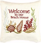 Welcome to Beach House 10 Inch Coastal Seashells Linen Embroidered Accent Pillow
