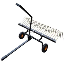 60" Lawn Tractor Rake with 24 Pcs Steel Tines, 12" Tires, ATV/UTV Tow Behind