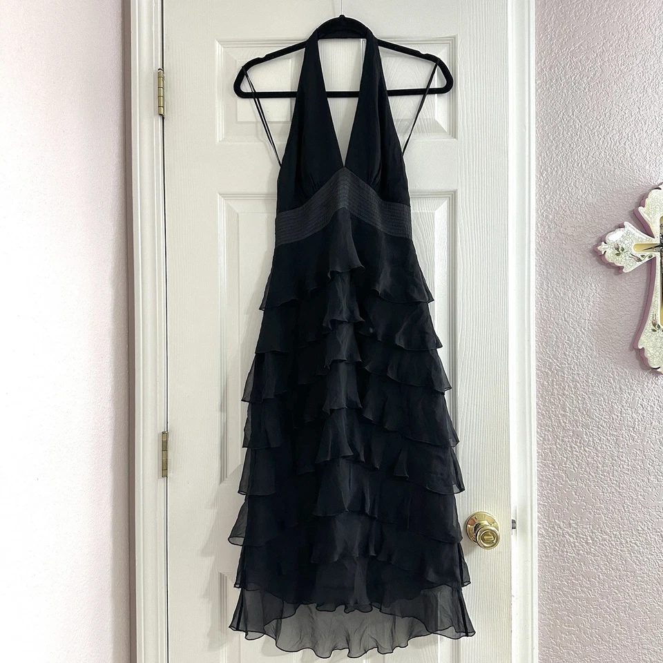 Vestido Dave & Johnny By Laura Ryner Negro Halter 100% Seda Volantes en Niveles Talla 1/2 Foto 2 de 4