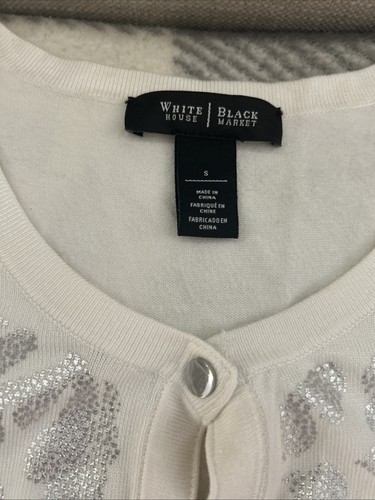 White House Black Market WHBM Cardigan Women’s Small White w/Silver Floral - Picture 2 of 7