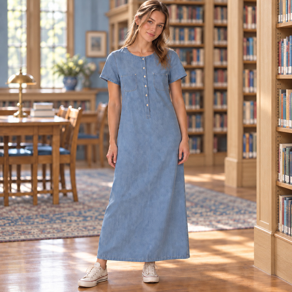 Vtg Liz Claiborne Chambray Denim Maxi Dress Size 10 M Cottage Core Shift Blue
