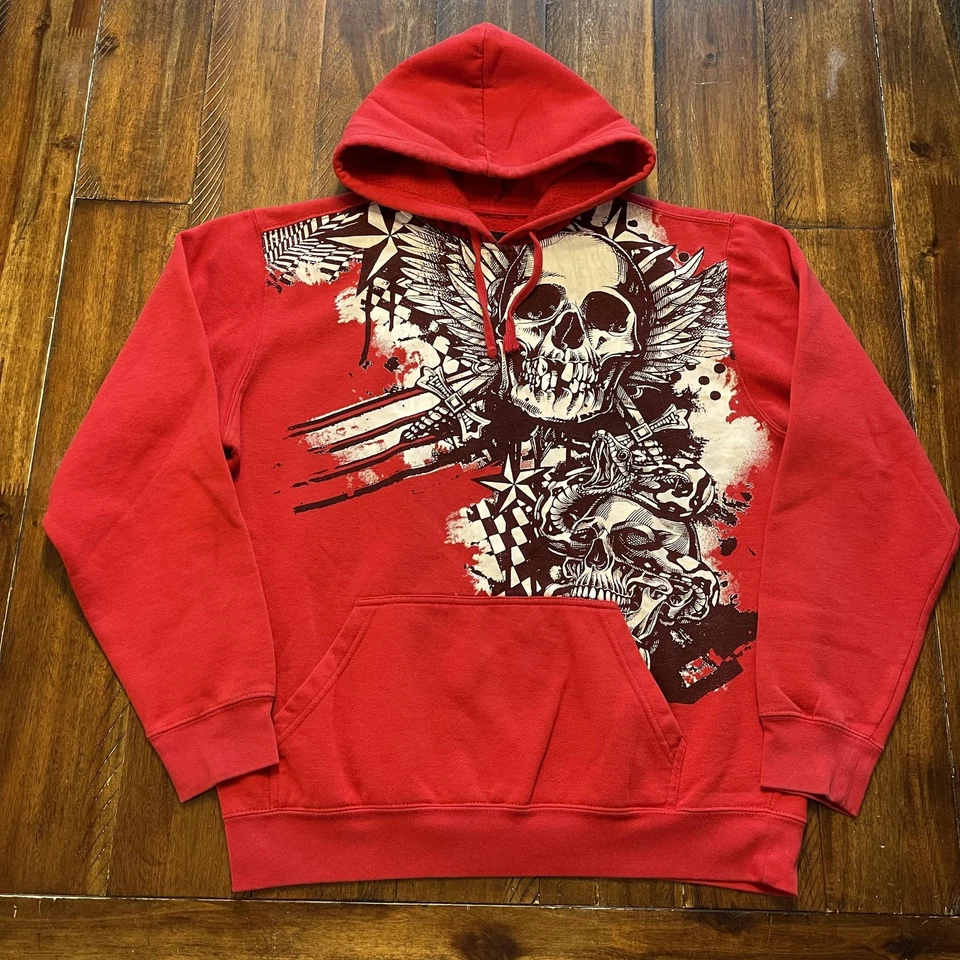 Ropa híbrida sudadera con capucha para hombre grande roja gráfica calavera alas dagas suéter gótico Foto 2 de 4