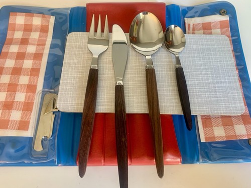 Vintage 60er 70er Jahre Picknick Besteck Set vierteilig Teakholz midcentury - Bild 5 von 11