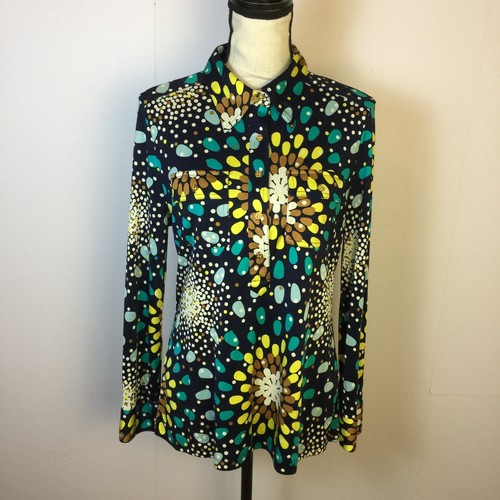 Tory Burch Hemd mit Knopfleiste Gr. L Damen blau Blumen Seide Strick Stretch Goldknopf