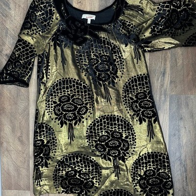 BCBG Max Azria Runway Gold Lame & Black Velvet Floral Kimono Sleeve Dress XXS