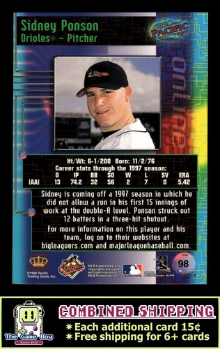 1998 Pacific Online #98 Sidney Ponson Baltimore Orioles - Picture 2 of 2