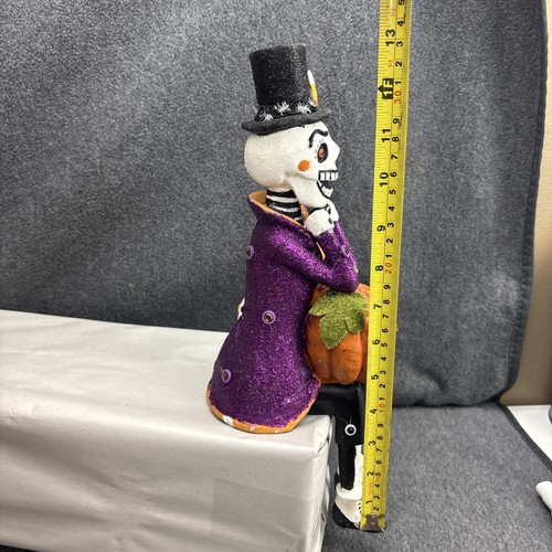 Halloween Skeleton W/ Jack O Lantern Shelf Sitter Day Of The Dead Decor Glitter - Picture 9 of 9