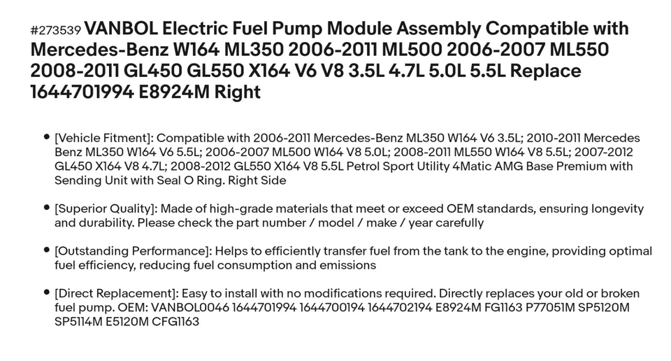 2006 - 2007 梅赛德斯奔驰 ML500 电动燃油泵带燃料发送单元 — 第 4/4 张图片