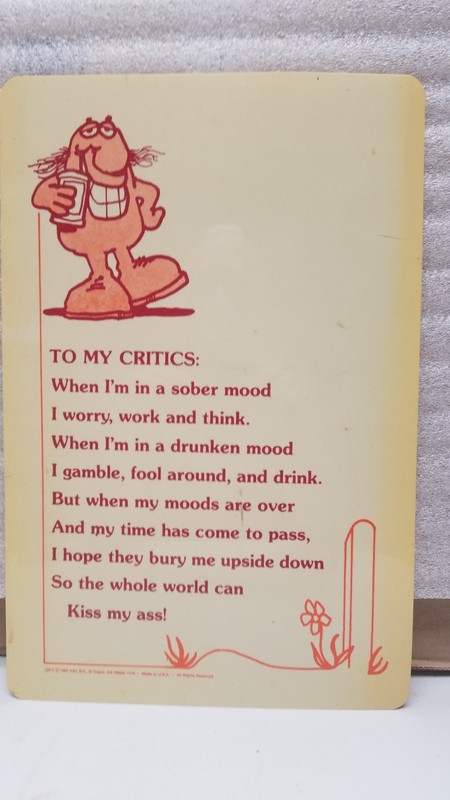 Vtg H&L Novelty Poster, To My Critics, Drunk Sober Funny 1970s