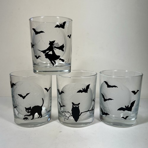 Juego 4 Vasos de Vidrio WILLIAMS SONOMA Halloween Luna Llena Búho Bruja Gato Murciélago IOB - Imagen 2 de 12