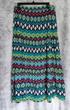 New Directions Tiered Knit Maxi Skirt Med Ikat Peacock Boho Long Gypsy Hippie