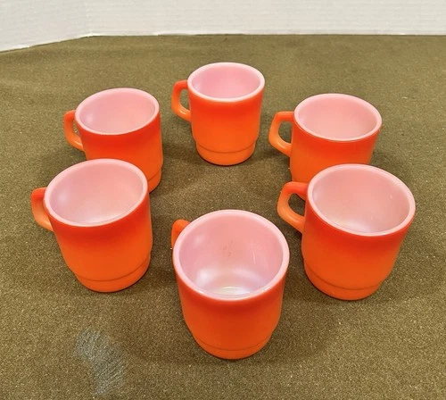 Anchor Hocking Fire King Vintage Oven Proof Orange Stacking Mugs MCM - Lot of 6