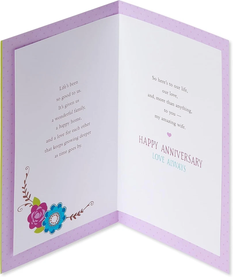 Tarjeta de aniversario de celebración para esposa - Diseño floral brillante y mensaje personal Foto 4 de 4