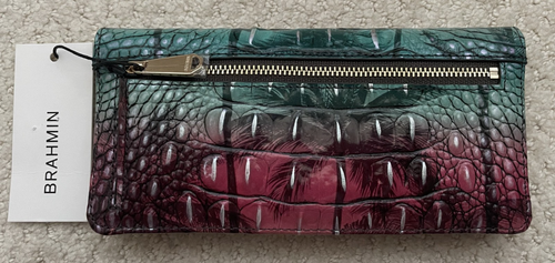 Brahmin Melbourne ADY Slim Bifold Leather Wallet LUAU Palm Trees Teal Pink NWT - Picture 9 of 11