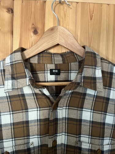 Uniqlo Shirt Men's Flannel Brushed Cotton Size L Light Brown Check Long Sleeve - Picture 2 of 4