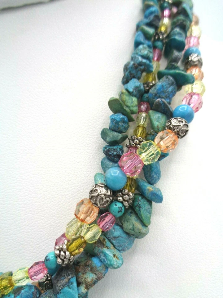 Beautiful Multi Strand Faux Turquoise Dyed Stone Glass Bead Layered Necklace 16" - Image 3 of 4