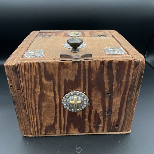 Holy Box with Antique Crosses - Wood Religious Box Chest Metal Latch Hinged Lid - Picture 3 of 14