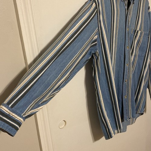 Vintage Fieldmaster Denim Long Sleeve Shirt Vertical Stripes Large 70s - Picture 4 of 12