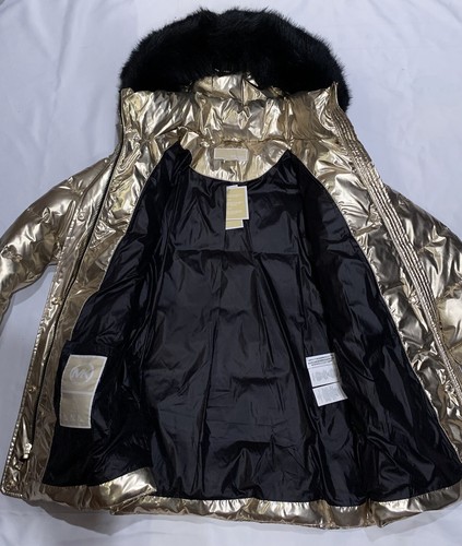 Michael Kors Puffer Jacket with Faux Fur Hooded Trim Belt Metallic Gold Medium - Picture 12 of 21