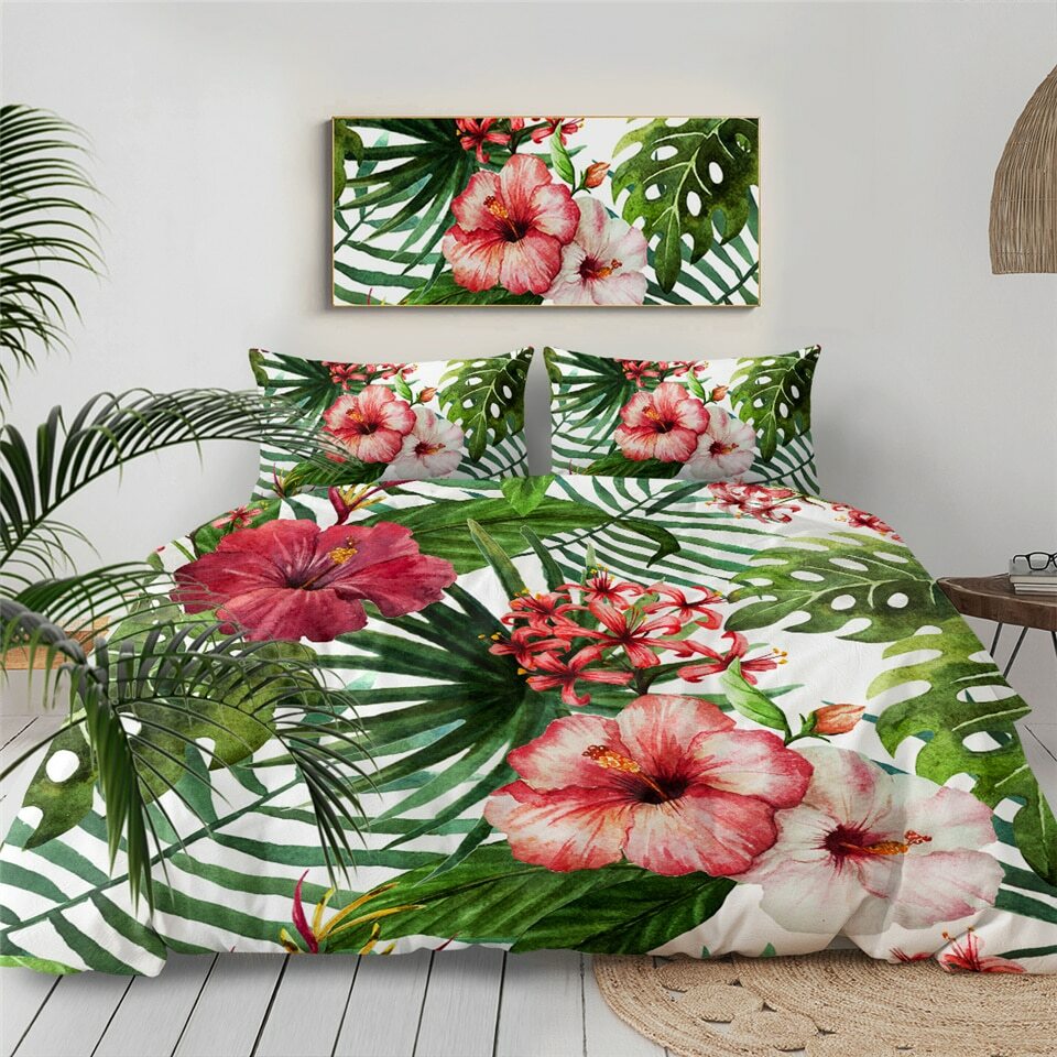 Pink Tropical Floral Leaves King Queen Twin Quilt Duvet Pillow Cover Bed Set Najtańsza natychmiastowa dostawa