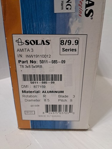 Solas Amita 3 Boat Propeller 5011-085-08 | RH 8.5" x 8" P Aluminum - Foto 4 di 4