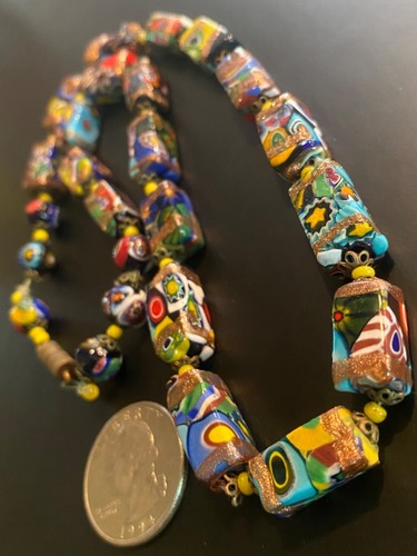 COLLAR DE CUENTAS RECTANGULARES DE BARRIL MILLEFIORI MURANO DORADO VENECIANO VINTAGE/ANTIGUO - Imagen 5 de 24