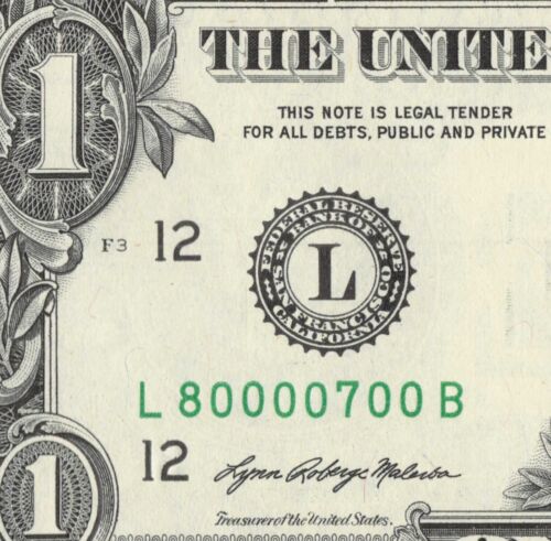 Billete de un dólar número de serie elegante Six of a Kind 0s L80000700B Trinario 7s 8s - Imagen 3 de 12