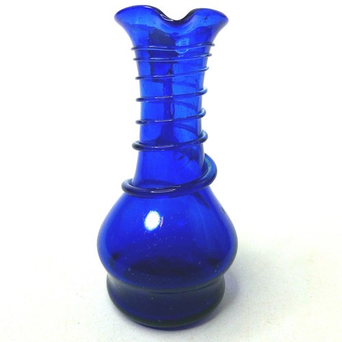 Cobalt Blue Blown Glass Pitcher Vase Cruet Applied Handle and Swirls - Picture 2 of 8