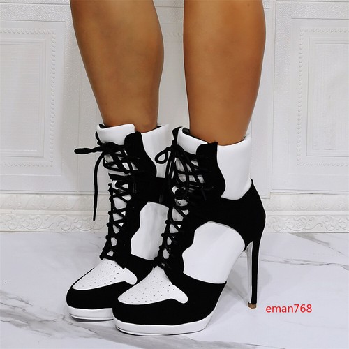Women's Round Toe Lace Up Color Matching Ankle Boots Party Sexy High Heels Shoes - Bild 3 von 11