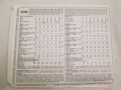 McCalls 4508 Easy Smocking Dress Pattern Transfer Girls Sz 5 Wedding Party UC FF - Picture 2 of 2