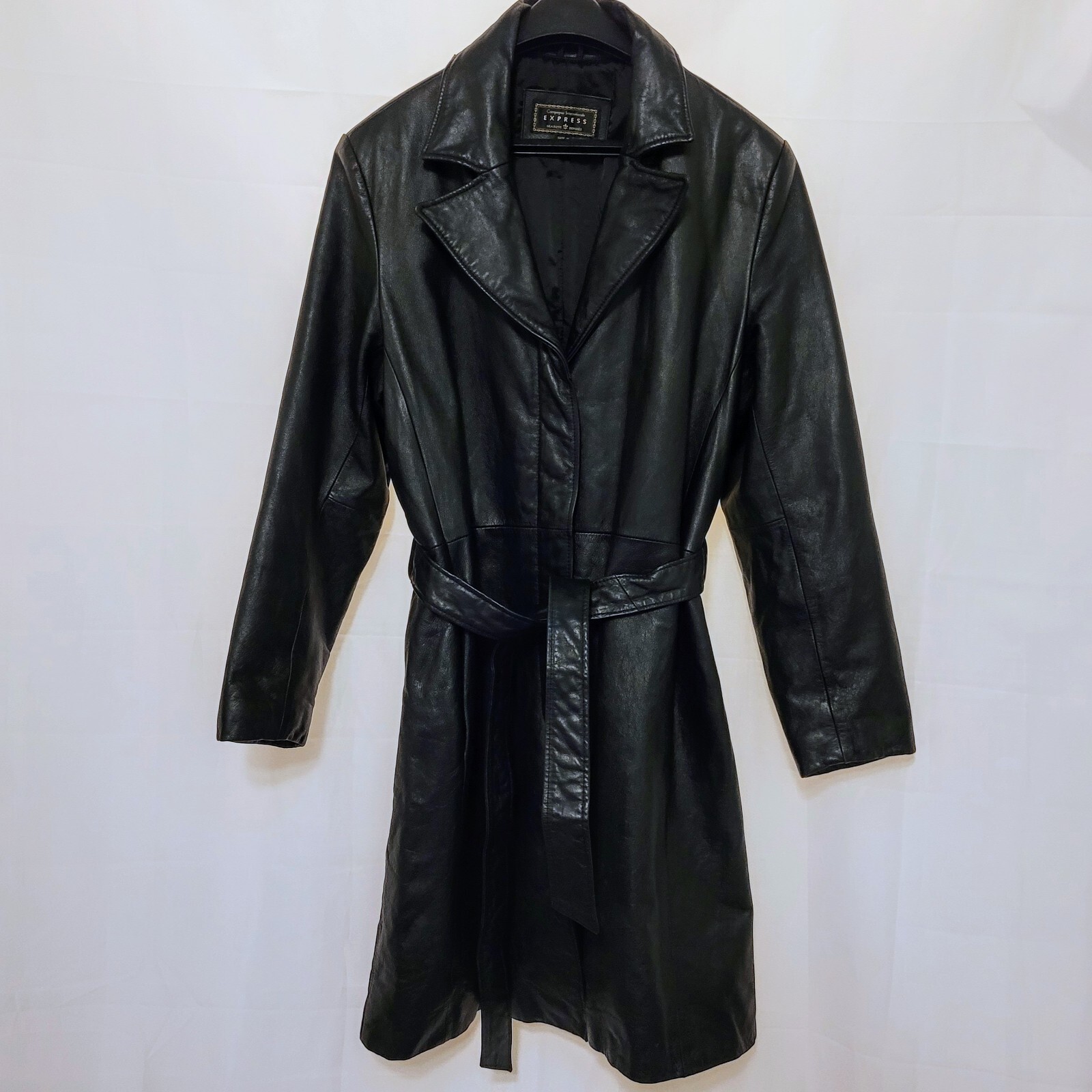 VTG Express Wmn's Black Leather Belted Trench Coat Lined Size