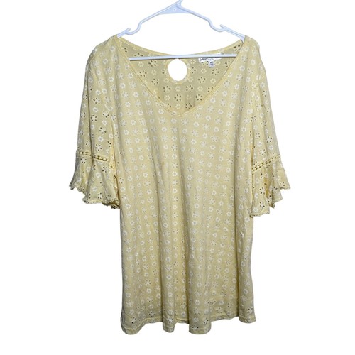 Stem & Vine Blouse Women's XL Yellow Eyelet Floral Short Sleeve Boho Ruffle