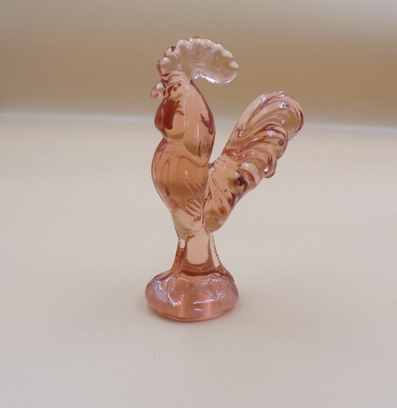 Pink Depression Style Glass Rooster Chicken Figurine, Farmhouse