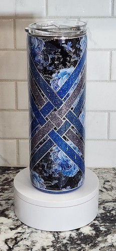 20 Unzen blauer Blumenglitzer Becher, diamantgewebtes Design - Bild 2 von 6