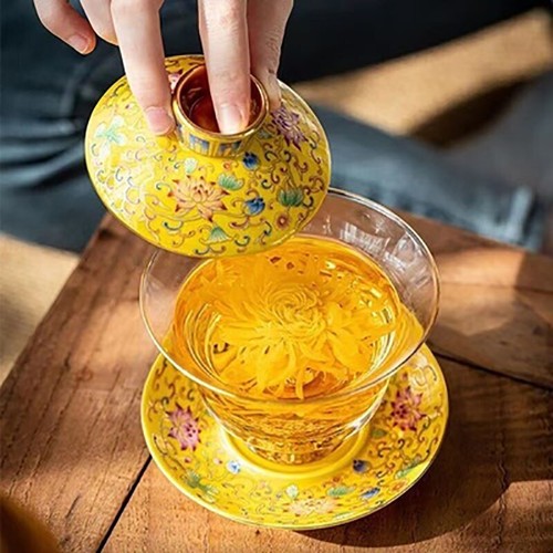 Tea Bowl Thickened Glass Tureen Tea Cover Bowl Lid Sancai Gaiwan Hand Painted - Picture 1 of 30